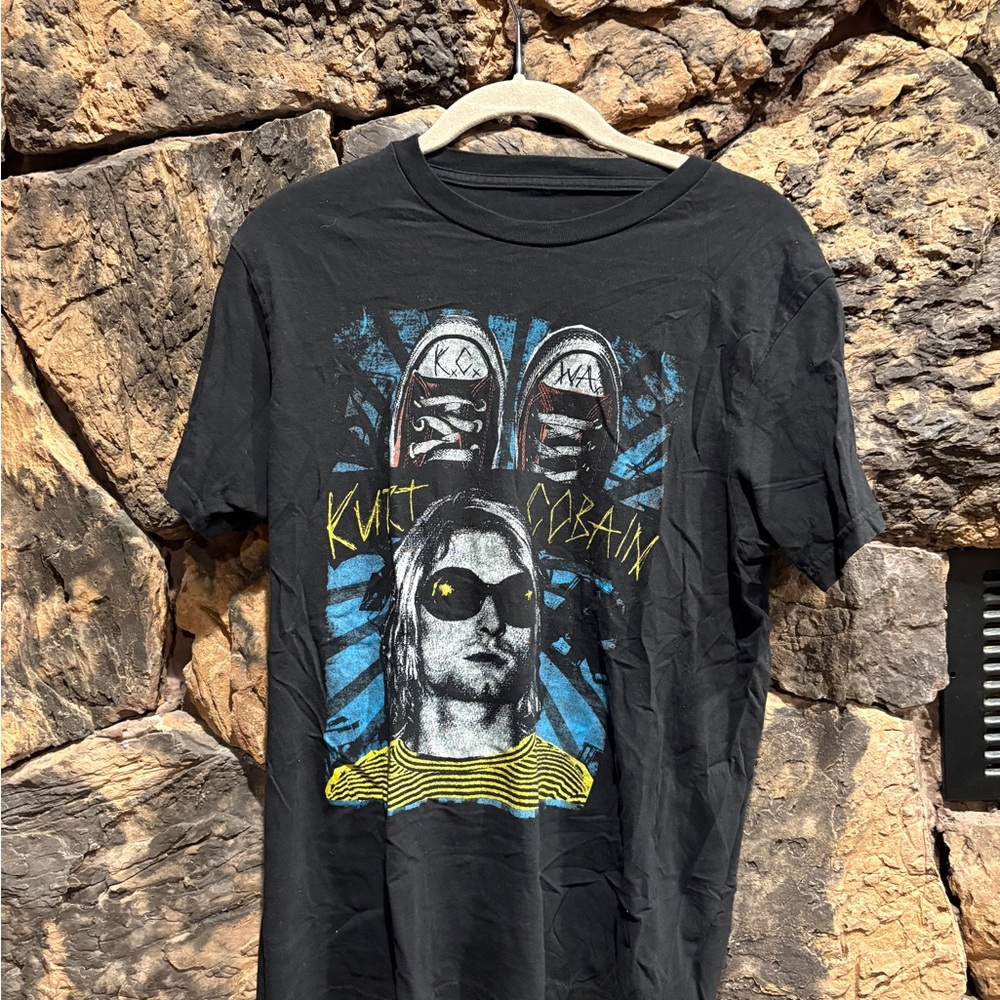 Kurt Cobain Nirvana Black Graphic Tee with Blue and Yellow Accents